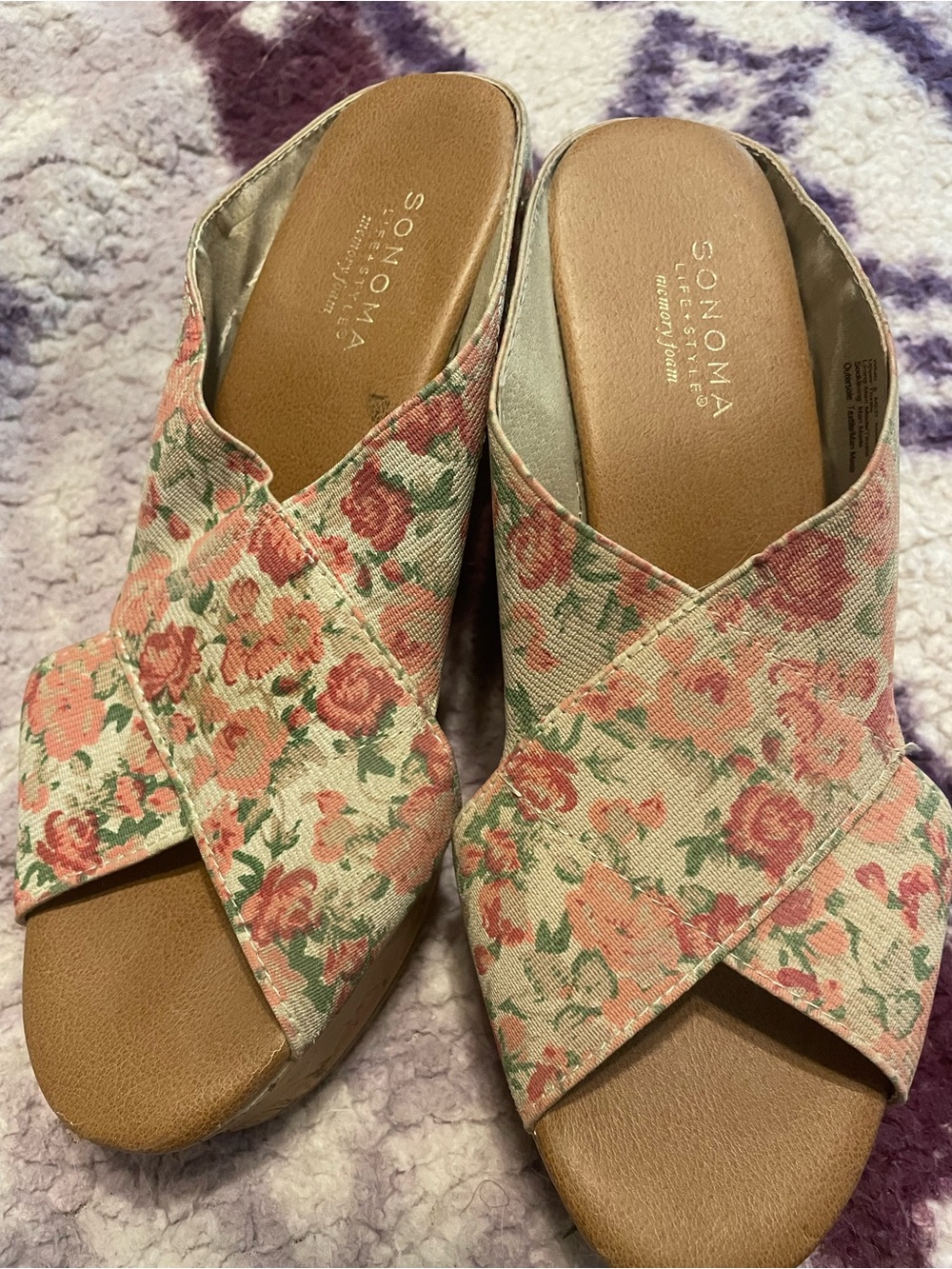 SONOMA Pink Floral Cross‑Strap Wedge Mules